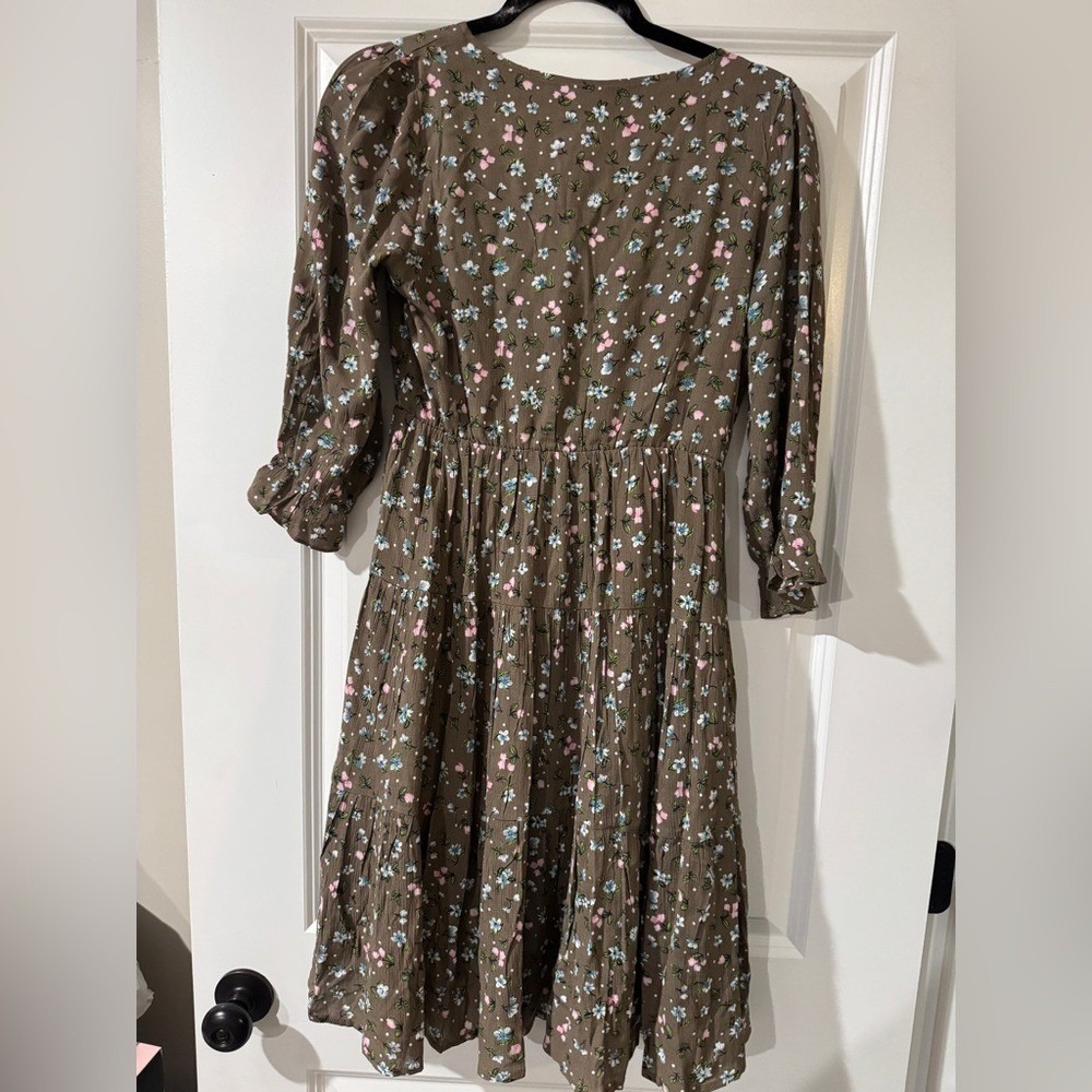 Floral Tiered Dress Brown Cottagecore‎ Romantic Midi 3/4 Sleeve Size Small - Picture 2 of 10